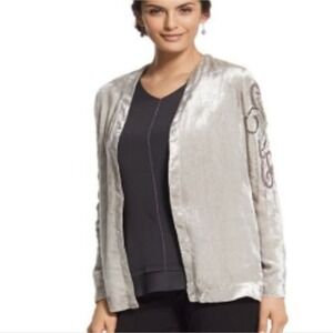 Chico's Velvet Embroidered Jacket 1 Medium Seagull Grey New